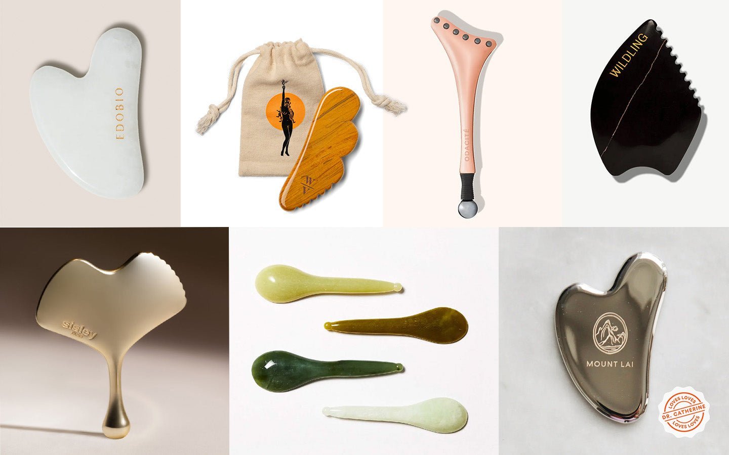 Collage of seven gua sha facial tools in jade, wood, metal, and stone from various brands